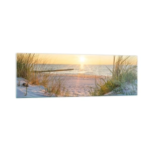 Cuadro sobre vidrio - Impresiones sobre Vidrio - Una playa de arena con vistas a la puesta de sol sobre el mar. - 160x50cm - El sonido del mar, el canto de los pájaros, una playa virgen entre las dunas... - Decoración de pared moderna para salón y dormito