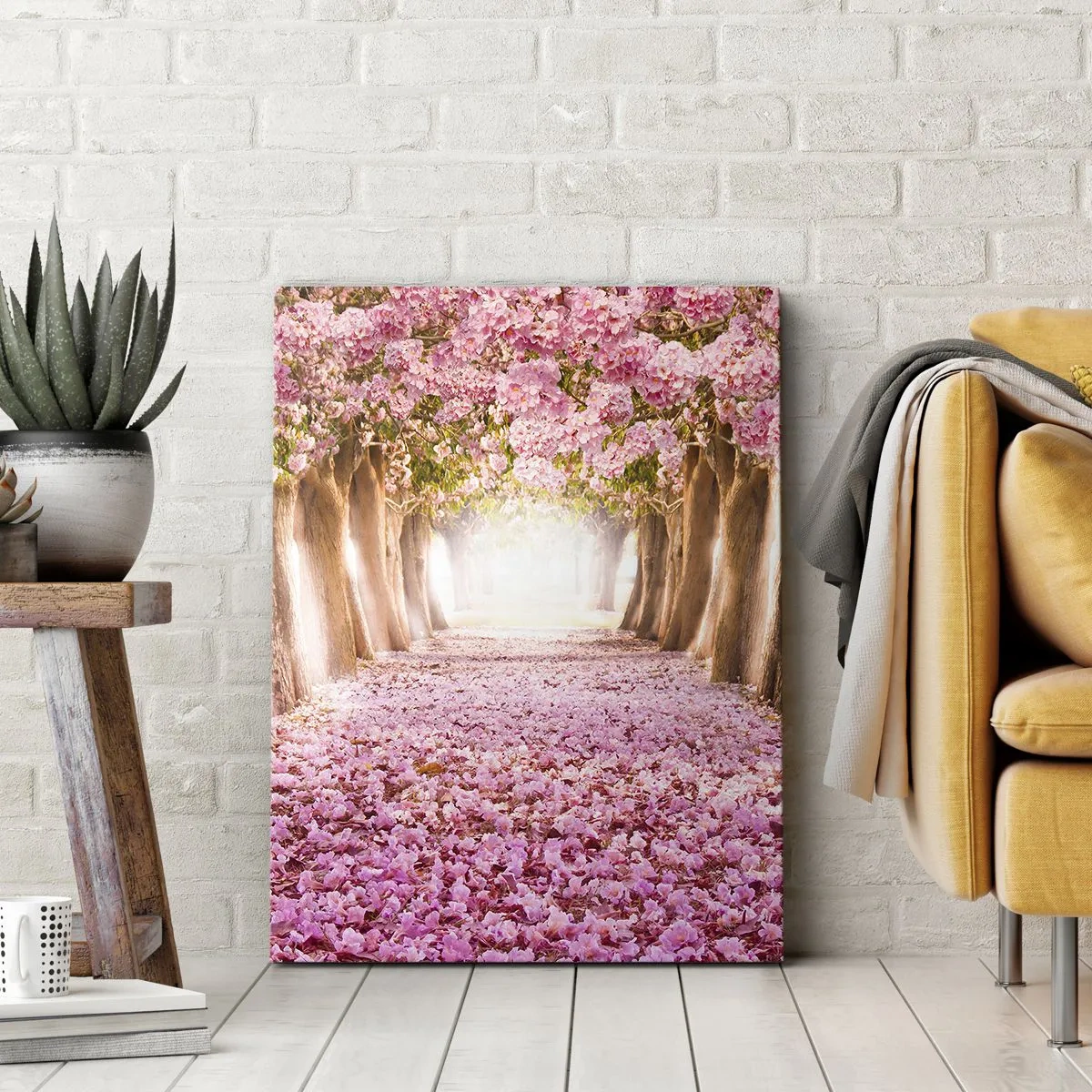 Cuadro sobre lienzo - Impresión de Imagen - Una avenida de árboles en flor en tonos rosa. - 70x100cm - El camino al paraíso - Decoración de pared moderna para salón y dormitorio ARTTOR