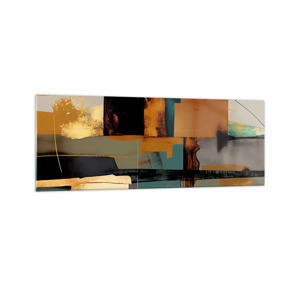 Cuadro sobre vidrio - Impresiones sobre Vidrio - Composición abstracta con elementos dorados y turquesas. - 140x50cm - Abstracción: luces y sombras - Decoración de pared moderna para salón y dormitorio ARTTOR