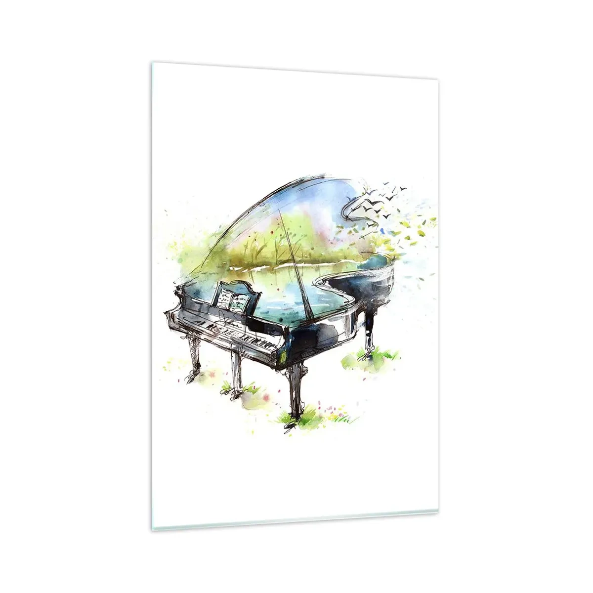Cuadro sobre vidrio - Impresiones sobre Vidrio - Pintura artística de acuarela de un piano con la naturaleza al fondo. - 80x120cm - Encantado con la música - Decoración de pared moderna para salón y dormitorio ARTTOR