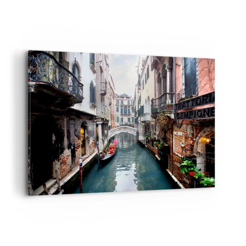 Cuadro sobre lienzo - Impresión de Imagen - Un canal en Venecia con una góndola y edificios históricos. - 100x70cm - Paisaje veneciano con góndola y puente - Decoración de pared moderna para salón y dormitorio ARTTOR