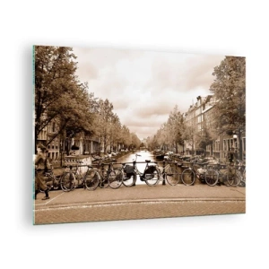 Cuadro sobre vidrio - Impresiones sobre Vidrio - Puente de Ámsterdam con bicicletas retro - 70x50cm - Holanda solo hay una - Decoración de pared moderna para salón y dormitorio ARTTOR