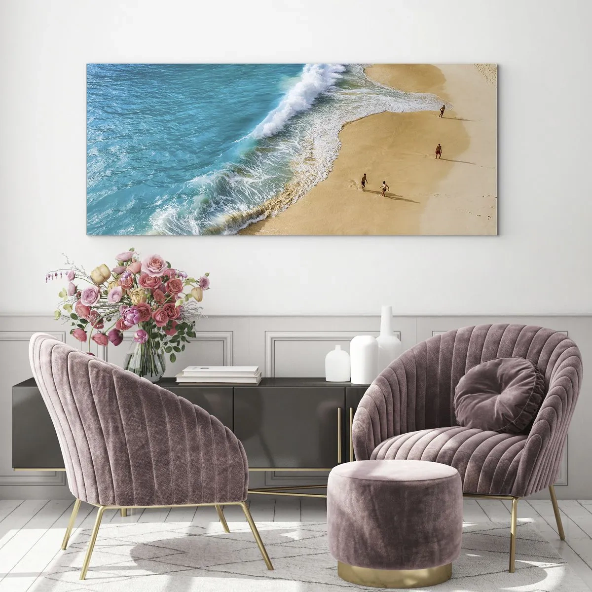 Cuadro sobre vidrio - Impresiones sobre Vidrio - Una playa con agua turquesa y gente paseando. - 160x50cm - Y luego el sol, la playa... - Decoración de pared moderna para salón y dormitorio ARTTOR