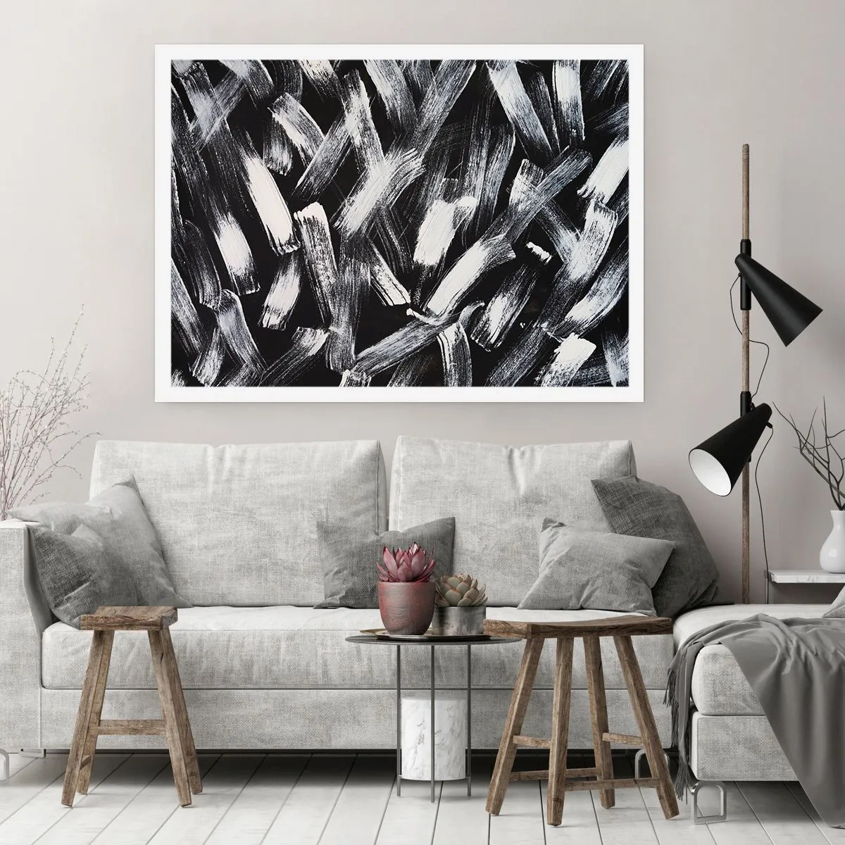Póster - Abstracción dinámica con pinceladas blancas sobre fondo negro. - 100x70cm - Abstracción en el espíritu industrial - Decoración de pared moderna para salón y dormitorio ARTTOR