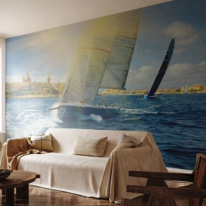Fotomural Standard Eco - Un velero en el mar con vistas a la ciudad. - 100x70cm - Hora de abandonar la ciudad - Decoración de pared moderna para salón y dormitorio ARTTOR