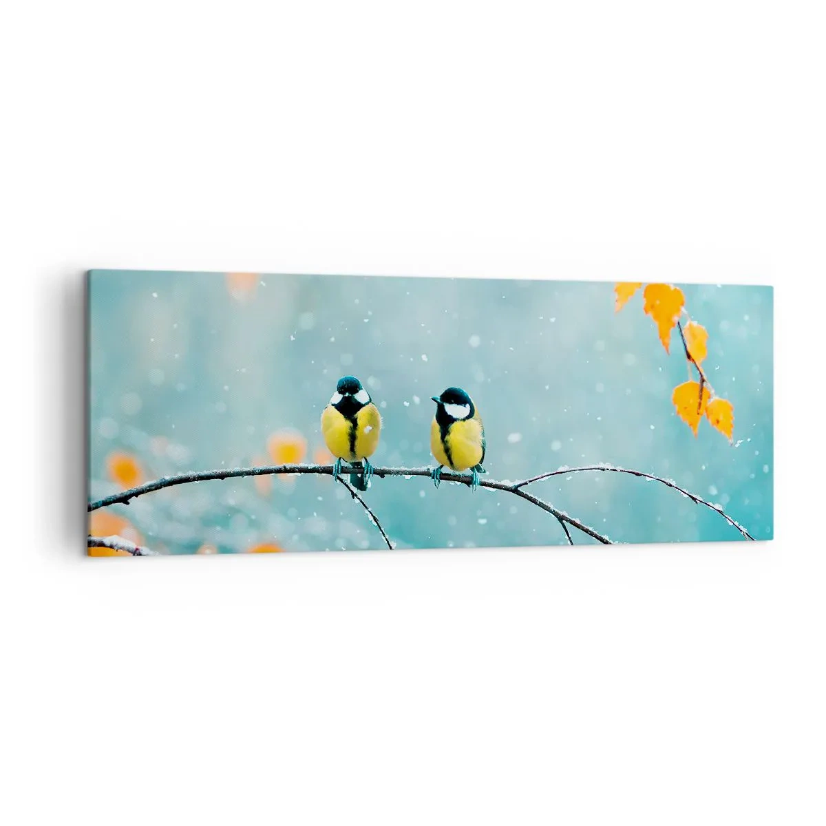 Cuadro sobre lienzo - Impresión de Imagen - Dos pájaros en una rama en un entorno invernal con hojas amarillas. - 140x50cm - Cotilleo de pájaros - Decoración de pared moderna para salón y dormitorio ARTTOR