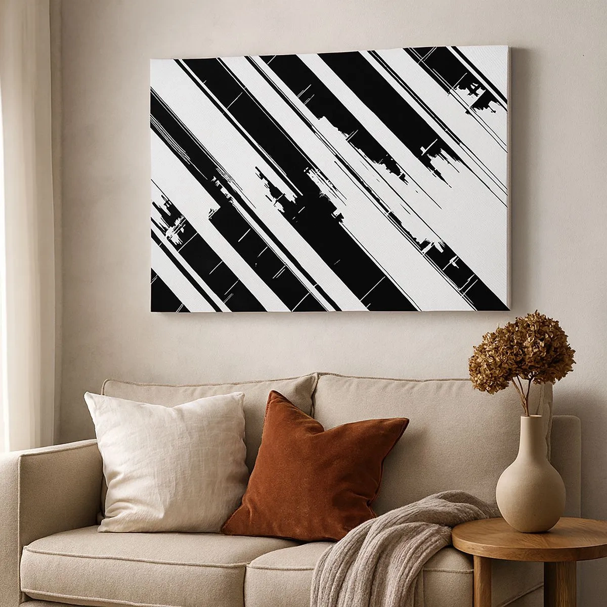 Cuadro sobre lienzo - Impresión de Imagen - Líneas blancas y negras y patrones geométricos en un estilo moderno. - 70x50cm - Composición intensa y dinámica - Decoración de pared moderna para salón y dormitorio ARTTOR