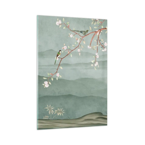 Cuadro sobre vidrio - Impresiones sobre Vidrio - Una imagen pintoresca de la rama de un árbol en flor con pájaros sobre un fondo de colinas verdes. - 80x120cm - Primavera, ah, eres tú - Decoración de pared moderna para salón y dormitorio ARTTOR
