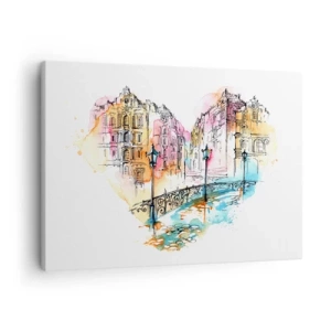 Cuadro sobre lienzo - Impresión de Imagen - Acuarela de un puente y casas de vecindad en forma de corazón - 70x50cm - El corazón de la ciudad - Decoración de pared moderna para salón y dormitorio ARTTOR