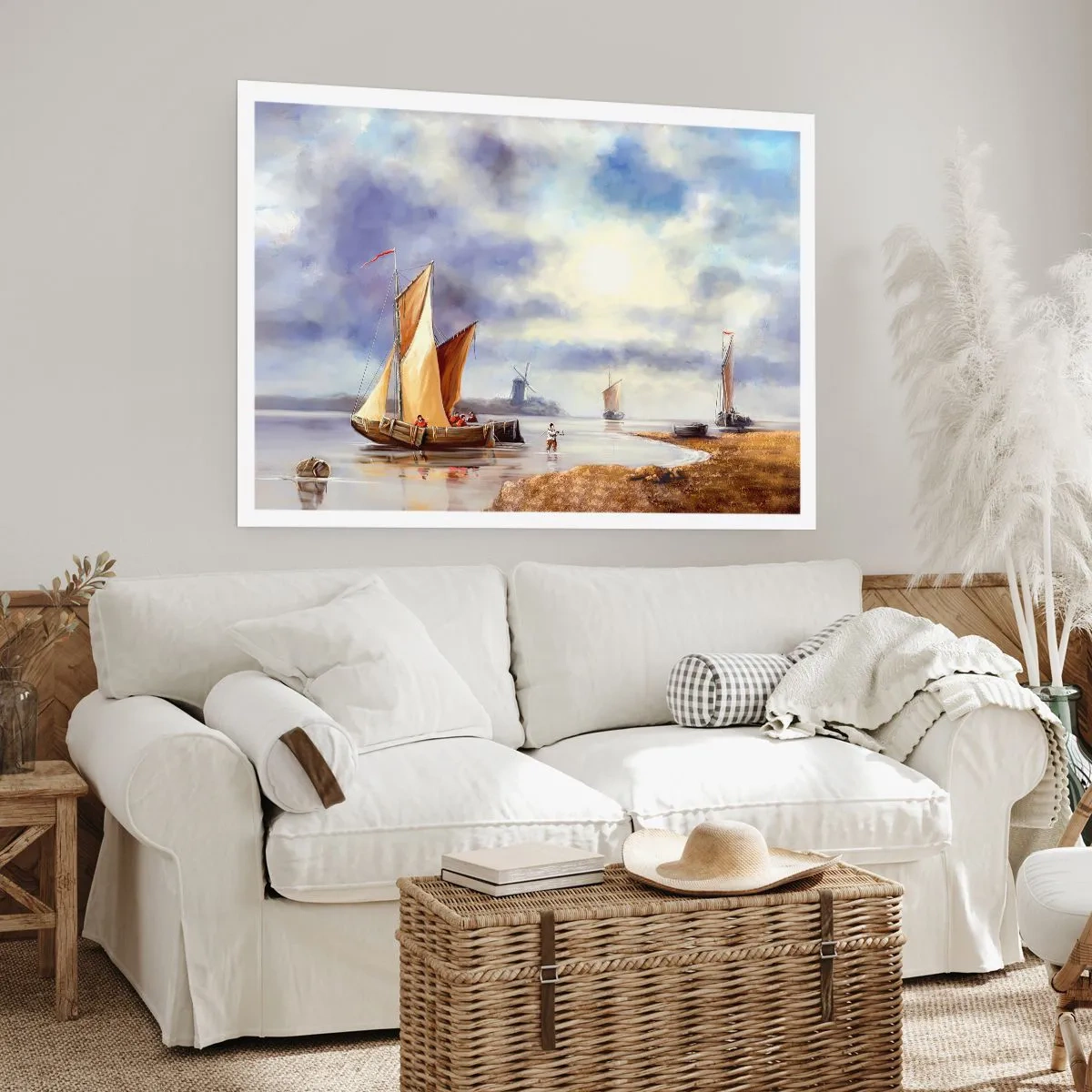 Póster - Veleros en aguas tranquilas con molinos de viento al fondo - 100x70cm - El regreso de los marineros - Decoración de pared moderna para salón y dormitorio ARTTOR
