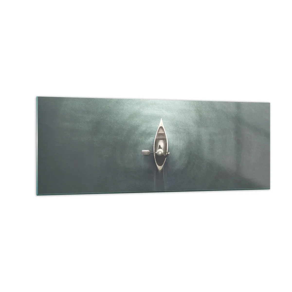 Cuadro sobre vidrio - Impresiones sobre Vidrio - Un barco solitario en aguas tranquilas en un entorno minimalista. - 140x50cm - A través de un lago iluminado por la luna - Decoración de pared moderna para salón y dormitorio ARTTOR