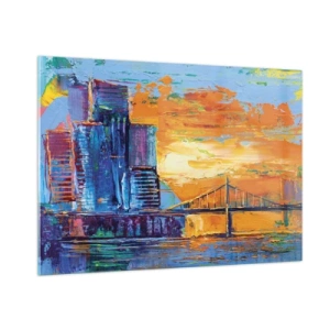 Cuadro sobre vidrio - Impresiones sobre Vidrio - La ciudad colorida y el puente bajo el resplandor del sol poniente. - 100x70cm - Cultura y naturaleza - Decoración de pared moderna para salón y dormitorio ARTTOR