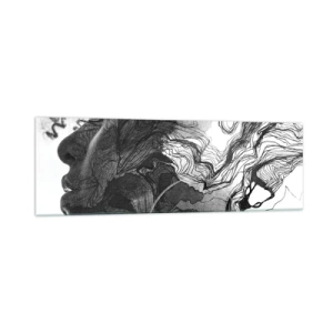 Cuadro sobre vidrio - Impresiones sobre Vidrio - Rostro abstracto en blanco y negro con líneas dinámicas. - 160x50cm - Enredada en sueños - Decoración de pared moderna para salón y dormitorio ARTTOR