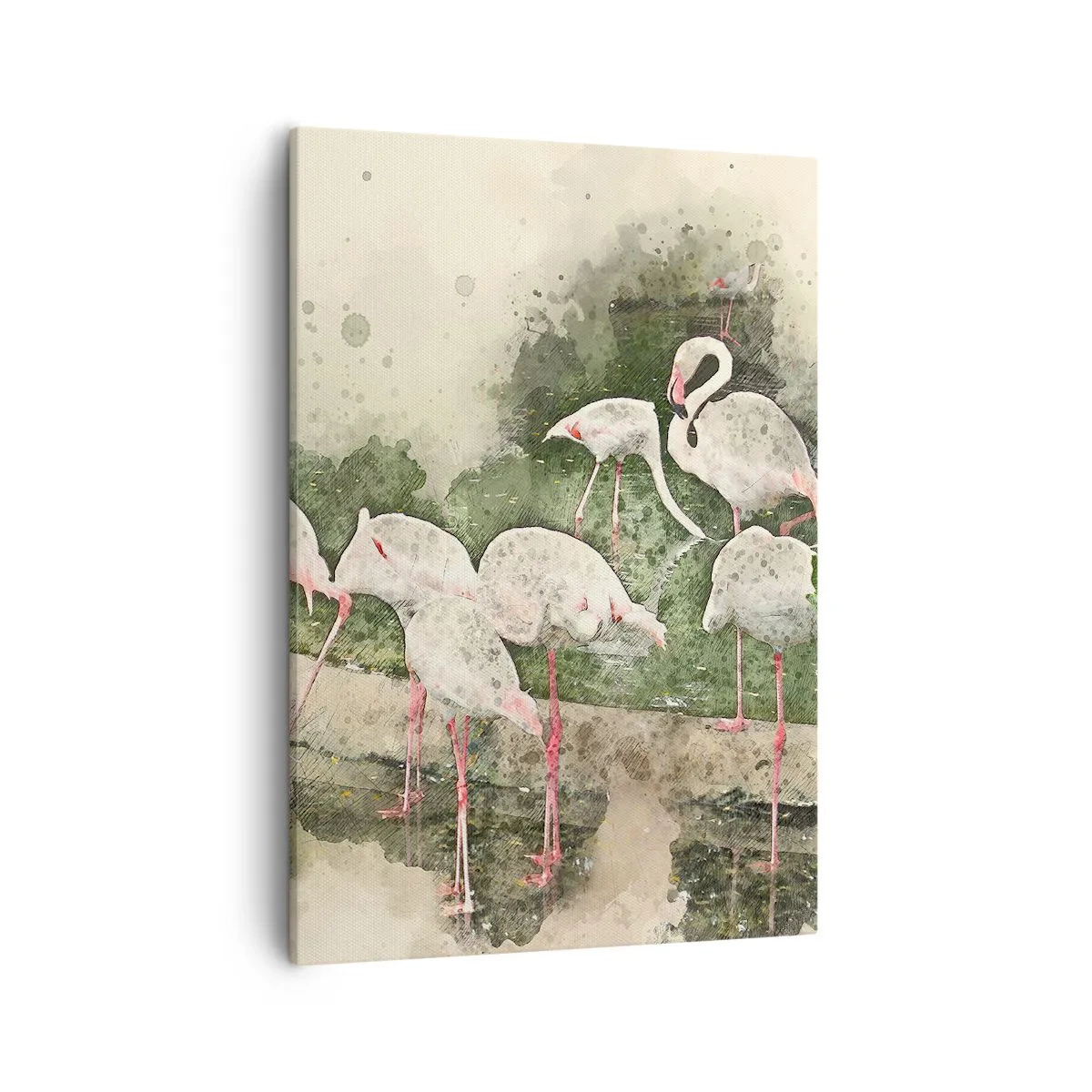 Cuadro sobre lienzo - Impresión de Imagen - Flamencos en su entorno natural en estilo acuarela. - 50x70cm - Un sueño exótico - Decoración de pared moderna para salón y dormitorio ARTTOR