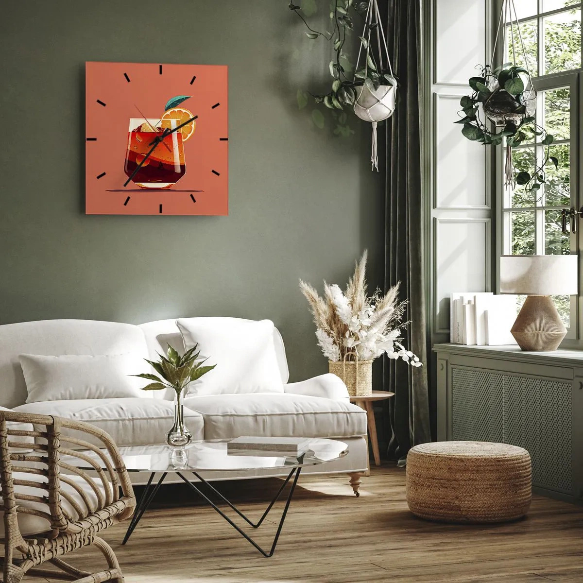 Reloj de pared - Reloj de vidrio - Un vaso de bebida y una rodaja de naranja sobre un fondo naranja. - 30x30cm - Refresco de verano - Decoración de pared moderna para salón y dormitorio ARTTOR