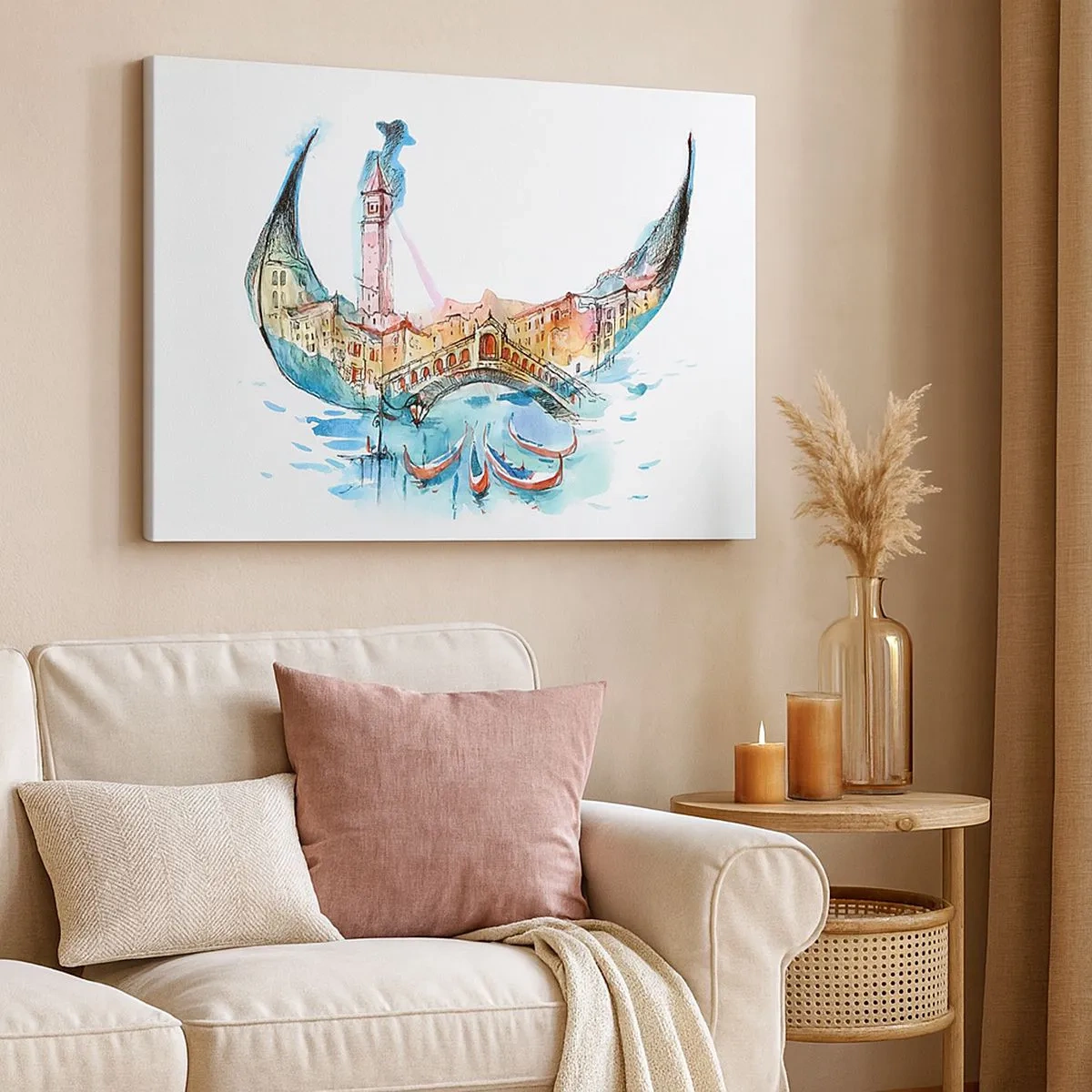 Cuadro sobre lienzo - Impresión de Imagen - Una composición de acuarela de Venecia en forma de góndola. - 70x50cm - Navegamos por la ciudad - Decoración de pared moderna para salón y dormitorio ARTTOR