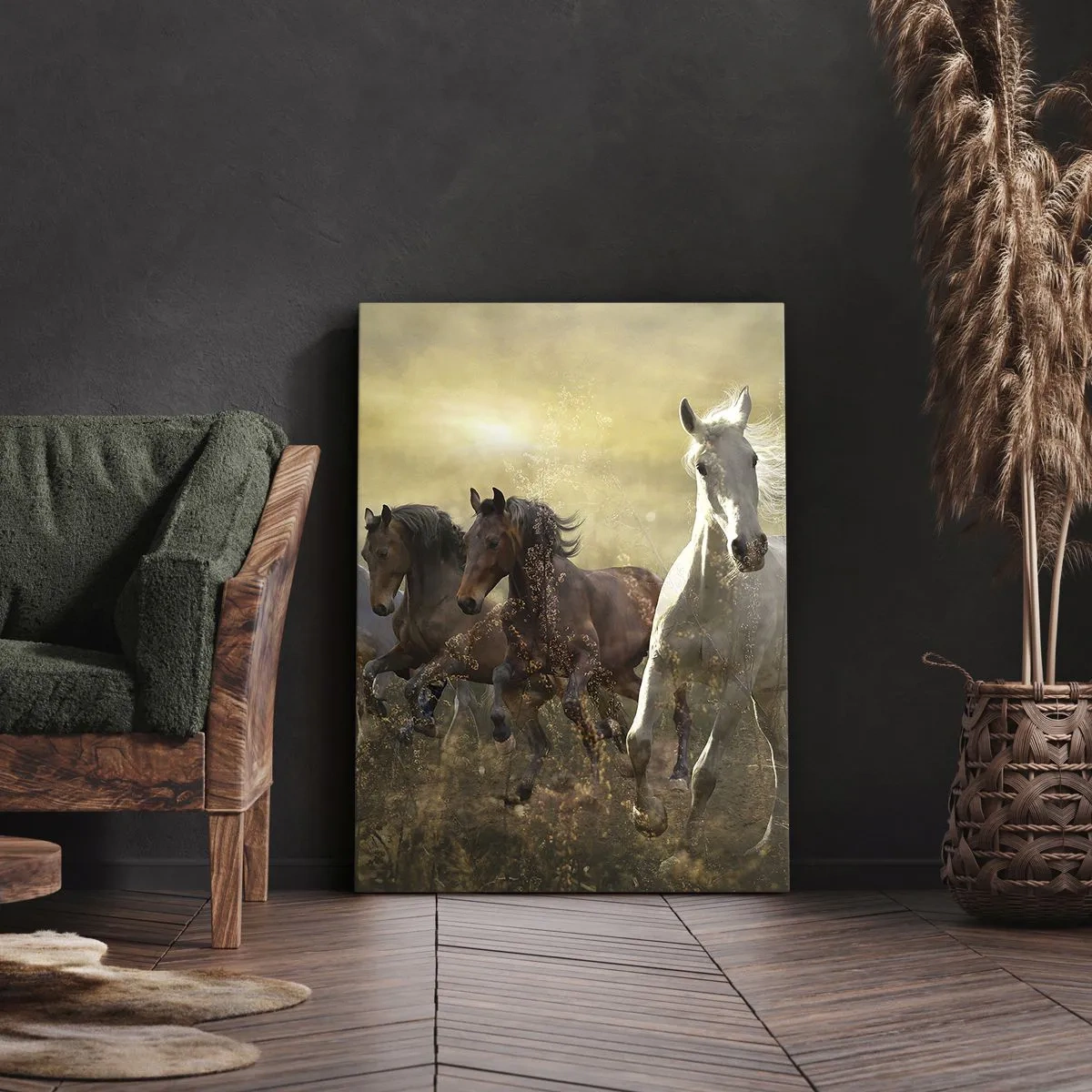 Cuadro sobre lienzo - Impresión de Imagen - Un grupo de caballos al galope con el sol poniente como telón de fondo. - 50x70cm - ¡Viva la libertad! - Decoración de pared moderna para salón y dormitorio ARTTOR