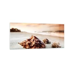 Cuadro sobre vidrio - Impresiones sobre Vidrio - Conchas en la playa al atardecer - 120x50cm - Los exiliados de las olas - Decoración de pared moderna para salón y dormitorio ARTTOR