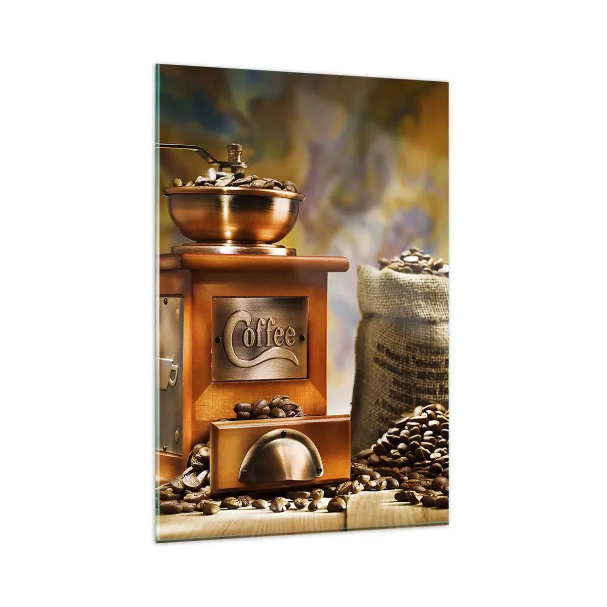 Cuadro sobre vidrio - Impresiones sobre Vidrio - Molinillo de café con granos y una taza al fondo. - 80x120cm - El crujido de los granos, el ruido del molino - Decoración de pared moderna para salón y dormitorio ARTTOR