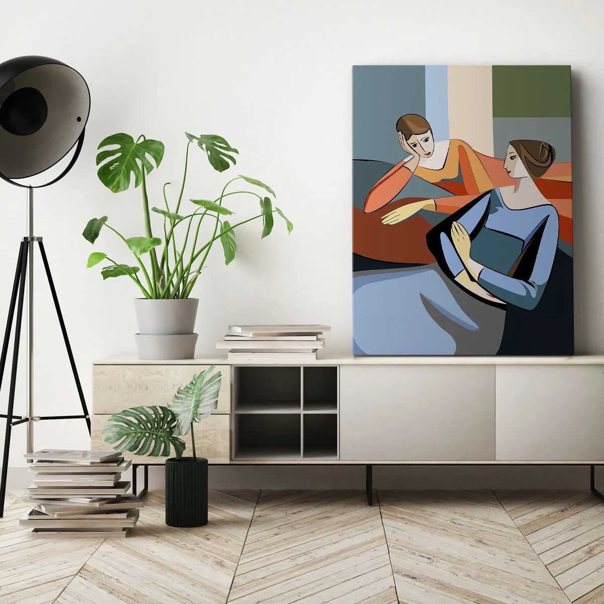 Cuadro sobre lienzo - Impresión de Imagen - Ilustración abstracta de dos mujeres en estilo cubista. - 80x120cm - Un momento de confidencias - Decoración de pared moderna para salón y dormitorio ARTTOR