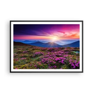 Póster en marco negro - Prado de montaña con flores al atardecer - 100x70cm - Dulce aroma a frescura - Decoración de pared moderna para salón y dormitorio ARTTOR