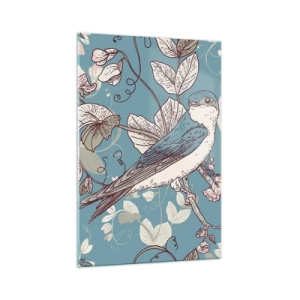 Cuadro sobre vidrio - Impresiones sobre Vidrio - Un pájaro en una rama en un delicado estilo floral. - 70x100cm - En el cerezo - Decoración de pared moderna para salón y dormitorio ARTTOR