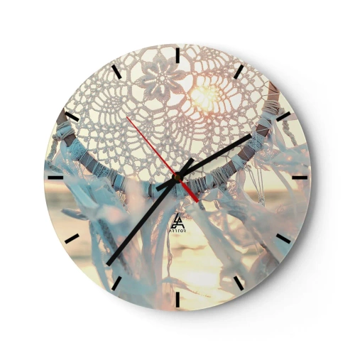 Reloj de pared - Reloj de vidrio - Atrapasueños de encaje con cintas en los rayos del atardecer. - 30x30cm - Tótem sagrado - Decoración de pared moderna para salón, cocina y dormitorio ARTTOR