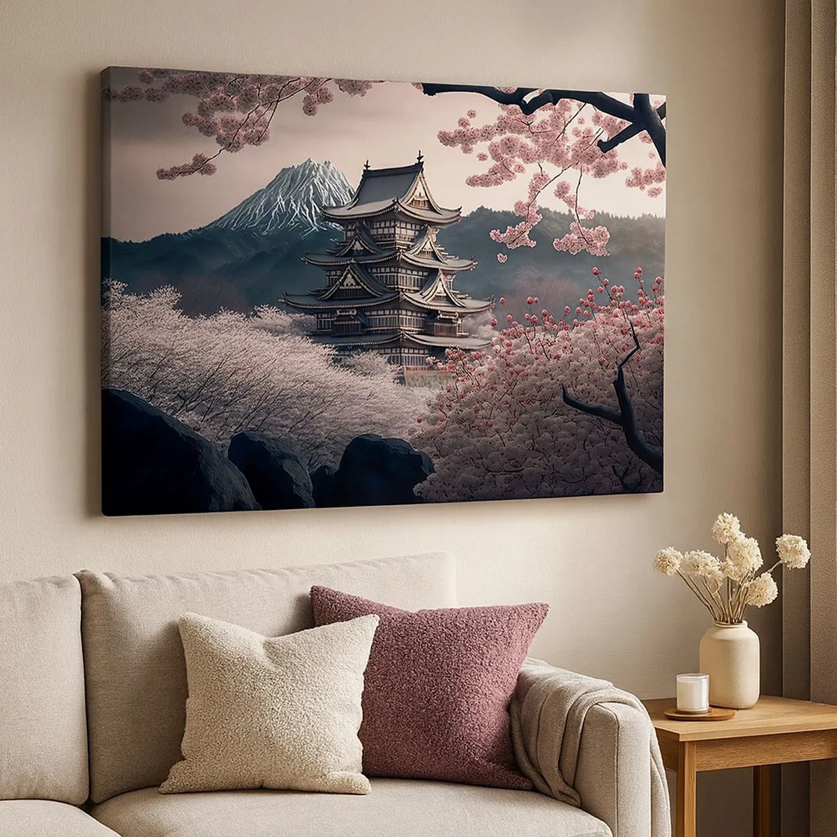 Cuadro sobre lienzo - Impresión de Imagen - Un templo japonés rodeado de flores de cerezo y montañas. - 70x50cm - Tierra de cerezos en flor - Decoración de pared moderna para salón y dormitorio ARTTOR