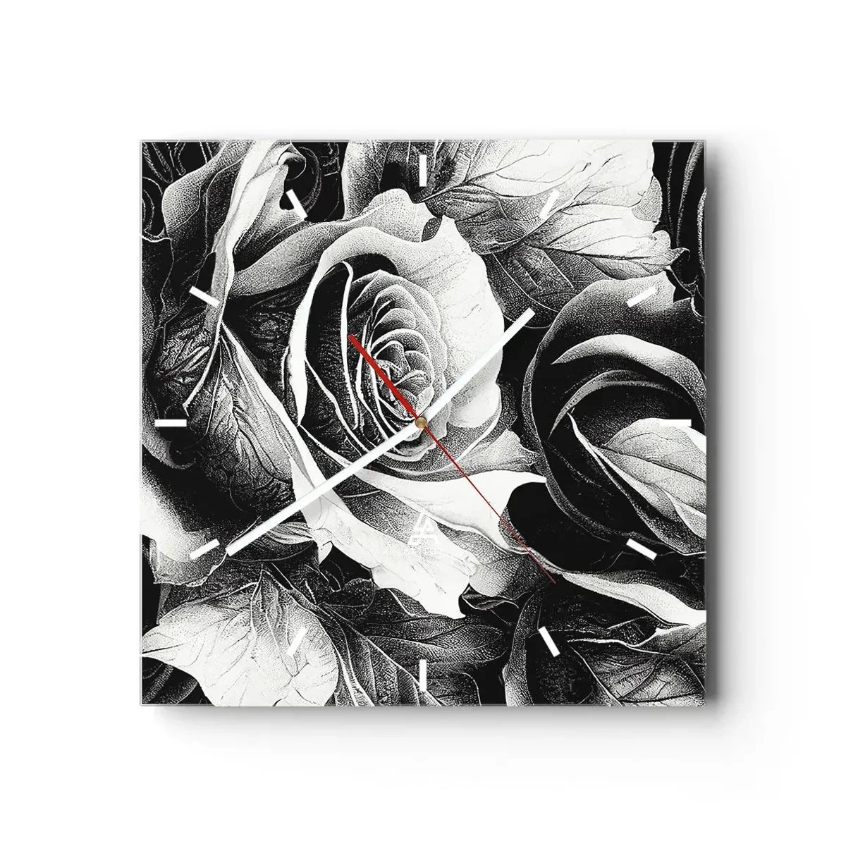 Reloj de pared - Reloj de vidrio - Rosas blancas y negras en una elegante composición. - 30x30cm - Siempre como una reina - Decoración de pared moderna para salón y dormitorio ARTTOR
