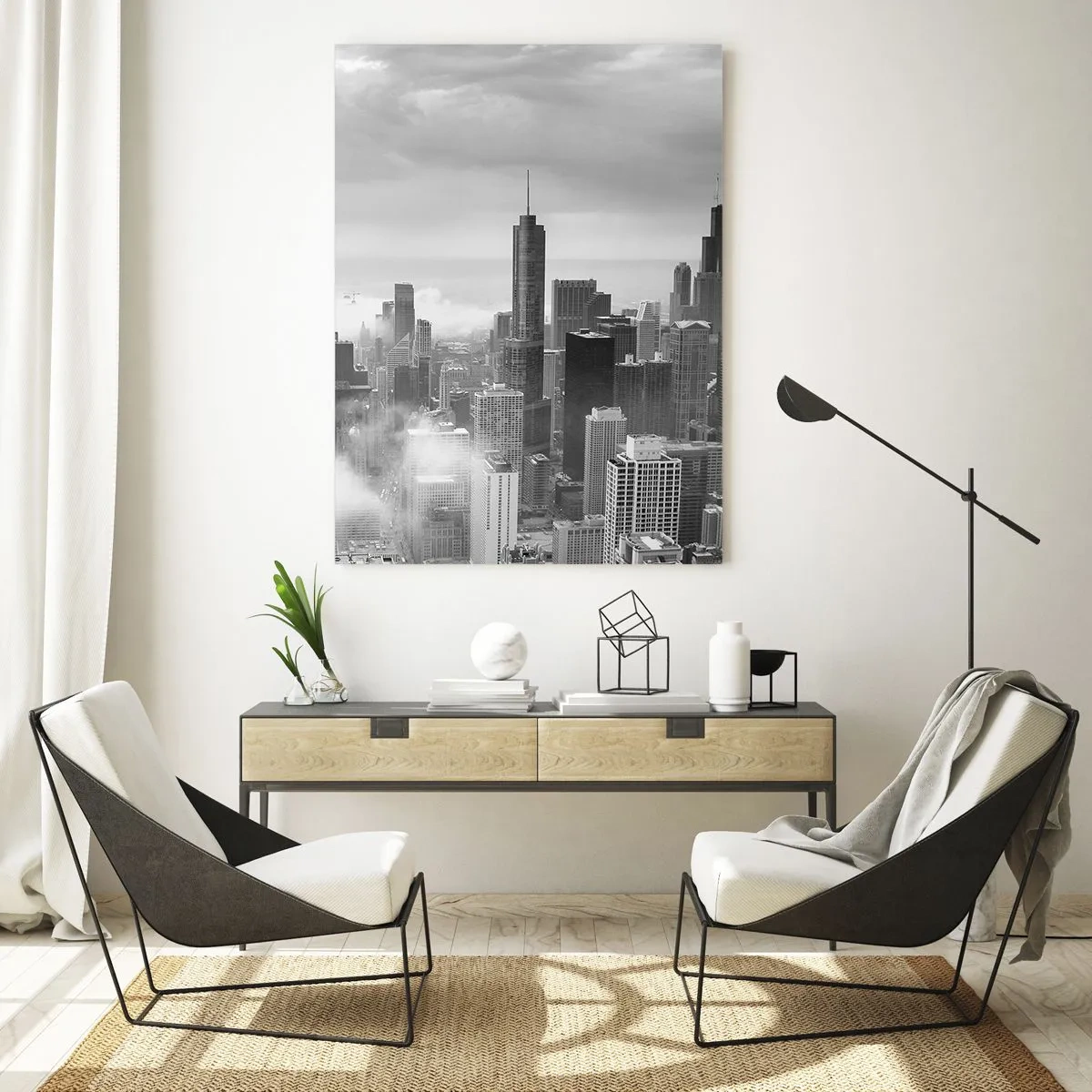 Cuadro sobre vidrio - Impresiones sobre Vidrio - Panorama de la ciudad con rascacielos en las nubes en blanco y negro - 70x100cm - Paisaje americano - Decoración de pared moderna para salón y dormitorio ARTTOR