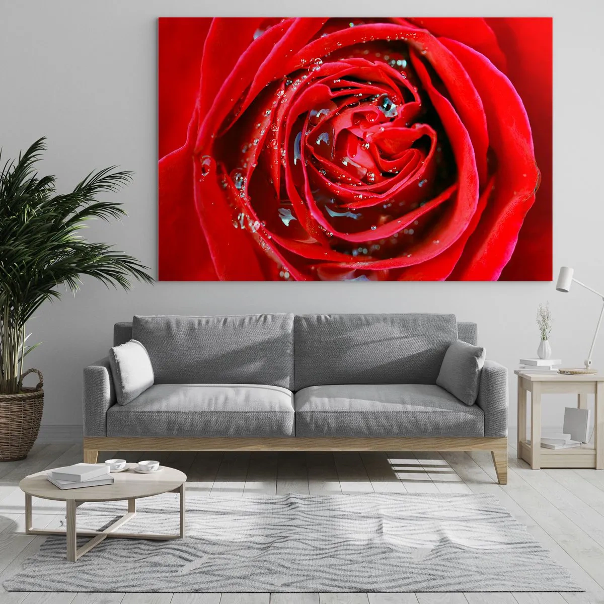 Cuadro sobre vidrio - Impresiones sobre Vidrio - Primer plano de una rosa roja con gotas de rocío. - 100x70cm - En gotas de rocío - Decoración de pared moderna para salón y dormitorio ARTTOR