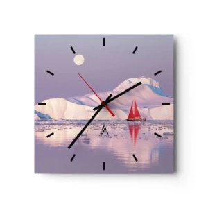 Reloj de pared - Reloj de vidrio - Una vela roja con el telón de fondo de montañas heladas y una luna llena. - 30x30cm - El calor de la vela, el frío del hielo - Decoración de pared moderna para salón y dormitorio ARTTOR