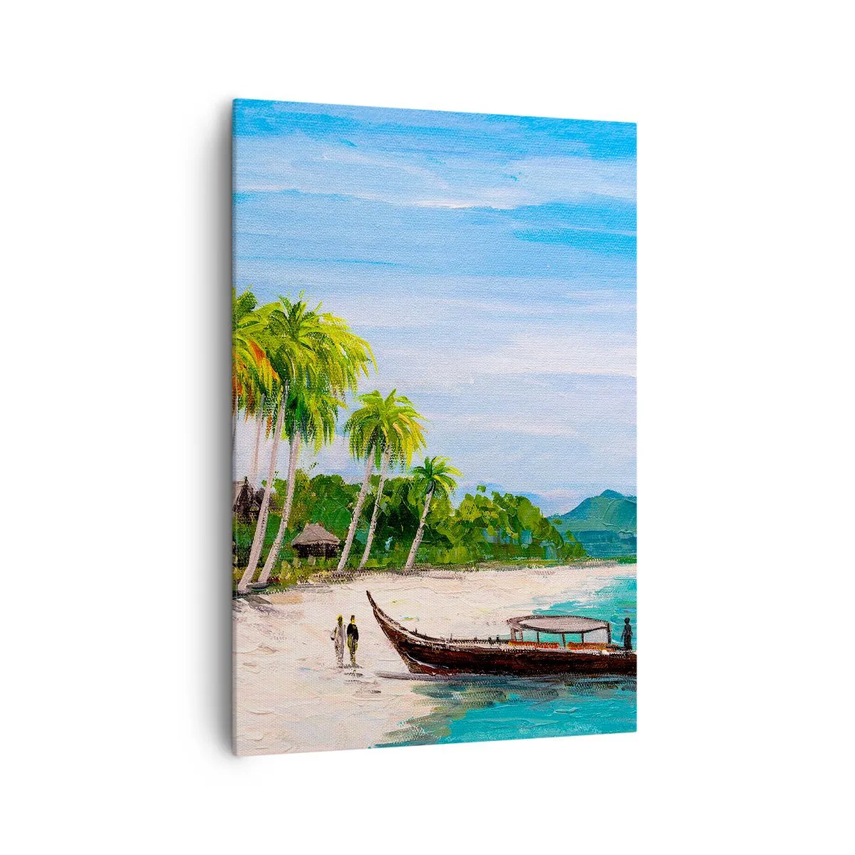 Cuadro sobre lienzo - Impresión de Imagen - Una playa exótica con palmeras y un barco en la orilla. - 70x100cm - Un sueño exótico - Decoración de pared moderna para salón y dormitorio ARTTOR