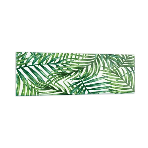 Cuadro sobre vidrio - Impresiones sobre Vidrio - Hojas de palmera tropical verde sobre un fondo claro - 160x50cm - Bajo el verde - Decoración de pared moderna para salón y dormitorio ARTTOR
