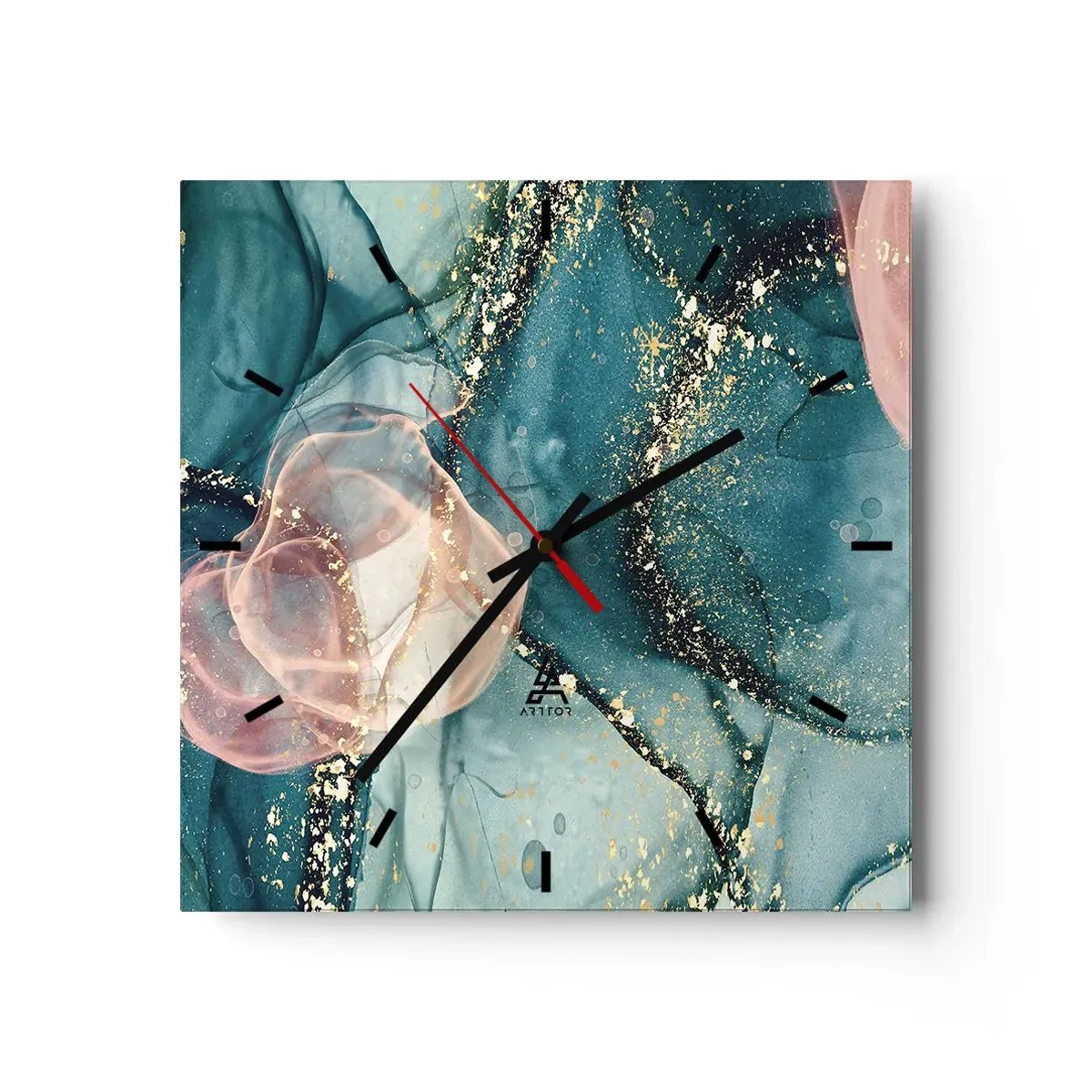 Reloj de pared - Reloj de vidrio - Una composición abstracta en tonos turquesa y dorado. - 30x30cm - Seda azul, tul rosa - Decoración de pared moderna para salón y dormitorio ARTTOR