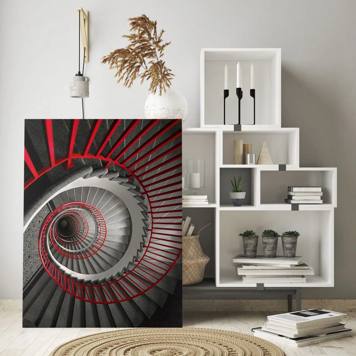 Cuadro sobre vidrio - Impresiones sobre Vidrio - Escalera de caracol con pasamanos rojos en perspectiva dinámica. - 70x100cm - Juegos arquitectónicos - Decoración de pared moderna para salón y dormitorio ARTTOR