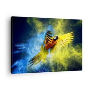 Cuadro sobre lienzo - Impresión de Imagen - Un loro en vuelo sobre un fondo de explosiones de colores amarillo y azul. - 70x50cm - En polvo azul y dorado - Decoración de pared moderna para salón y dormitorio ARTTOR