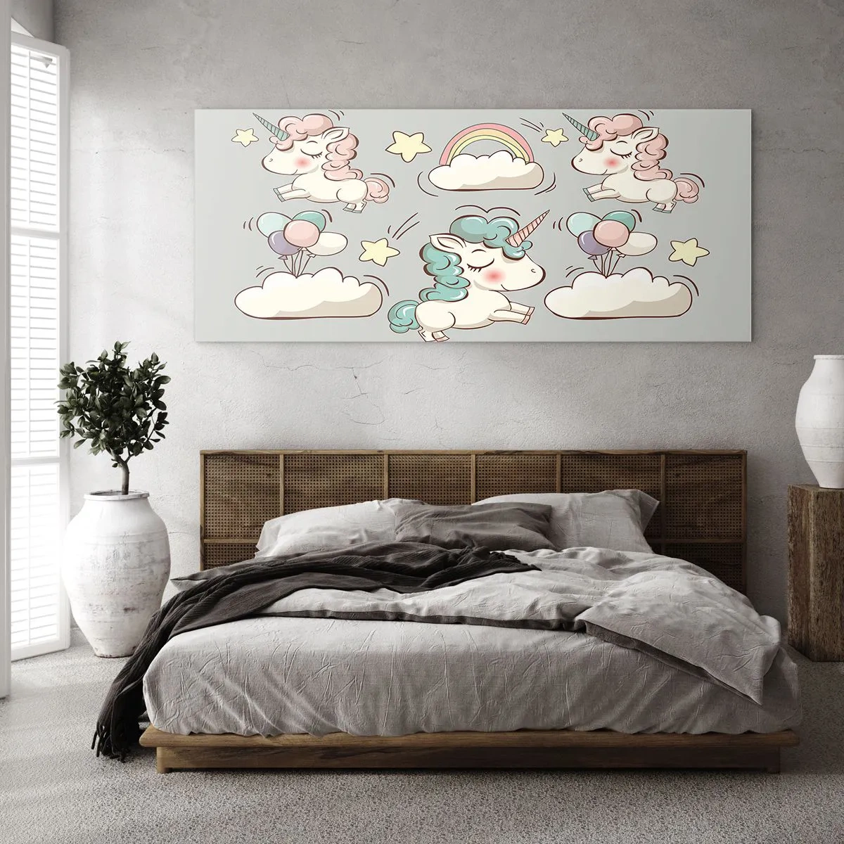 Cuadro sobre vidrio - Impresiones sobre Vidrio - Lindos unicornios sobre un fondo pastel. - 140x50cm - Estoy seguro de que existen - Decoración de pared moderna para salón y dormitorio ARTTOR