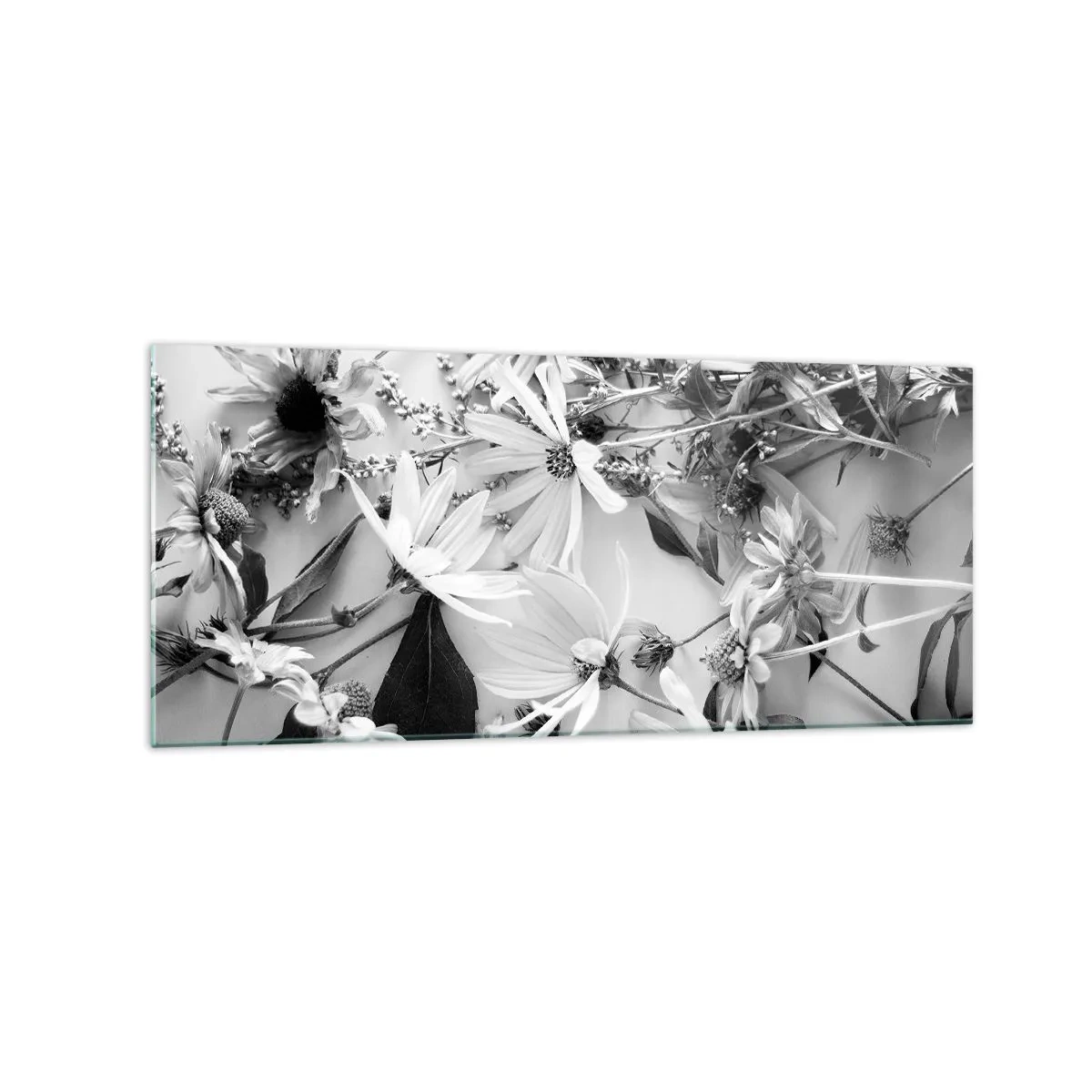 Cuadro sobre vidrio - Impresiones sobre Vidrio - Arreglos florales en blanco y negro en un sutil estilo artístico. - 120x50cm - Un no ramo de flores - Decoración de pared moderna para salón y dormitorio ARTTOR