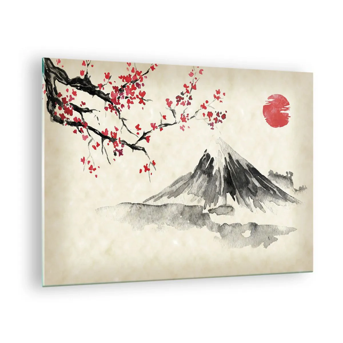 Cuadro sobre vidrio - Impresiones sobre Vidrio - Pintura de acuarela japonesa de una montaña y una rama floreciente. - 70x50cm - Enamórate de Japón - Decoración de pared moderna para salón y dormitorio ARTTOR