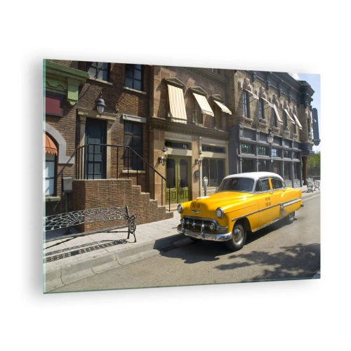 Cuadro sobre vidrio - Impresiones sobre Vidrio - Un taxi amarillo con el telón de fondo de una casa de vecindad clásica. - 70x50cm - Érase una vez en América - Decoración de pared moderna para salón y dormitorio ARTTOR