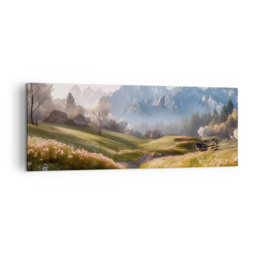 Cuadro sobre lienzo - Impresión de Imagen - Un valle de montaña con prados, cabañas y vistas a los picos. - 140x50cm - Valle idílico - Decoración de pared moderna para salón y dormitorio ARTTOR
