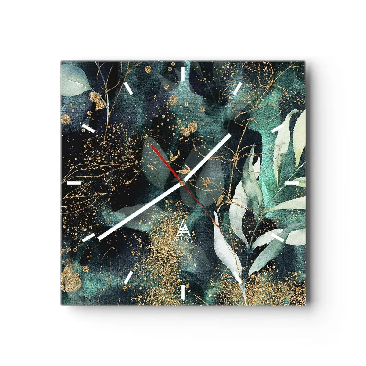 Reloj de pared - Reloj de vidrio - Hojas elegantes sobre un fondo oscuro con acentos dorados. - 30x30cm - Jardín encantado - Decoración de pared moderna para salón y dormitorio ARTTOR