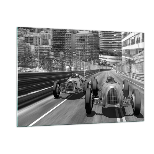 Cuadro sobre vidrio - Impresiones sobre Vidrio - Carrera de coches histórica en blanco y negro - 120x80cm - Érase una vez en Montecarlo - Decoración de pared moderna para salón y dormitorio ARTTOR