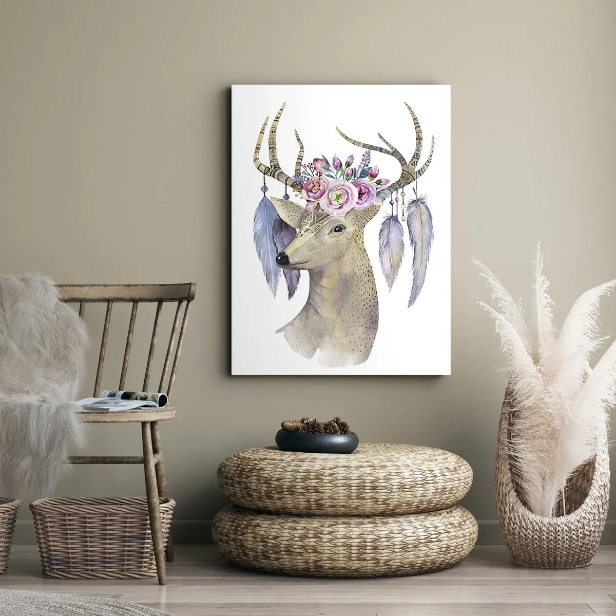 Cuadro sobre lienzo - Impresión de Imagen - Gráfico romántico de ciervo con flores y plumas. - 50x70cm - Guía del alma - gentil, inocente - Decoración de pared moderna para salón y dormitorio ARTTOR