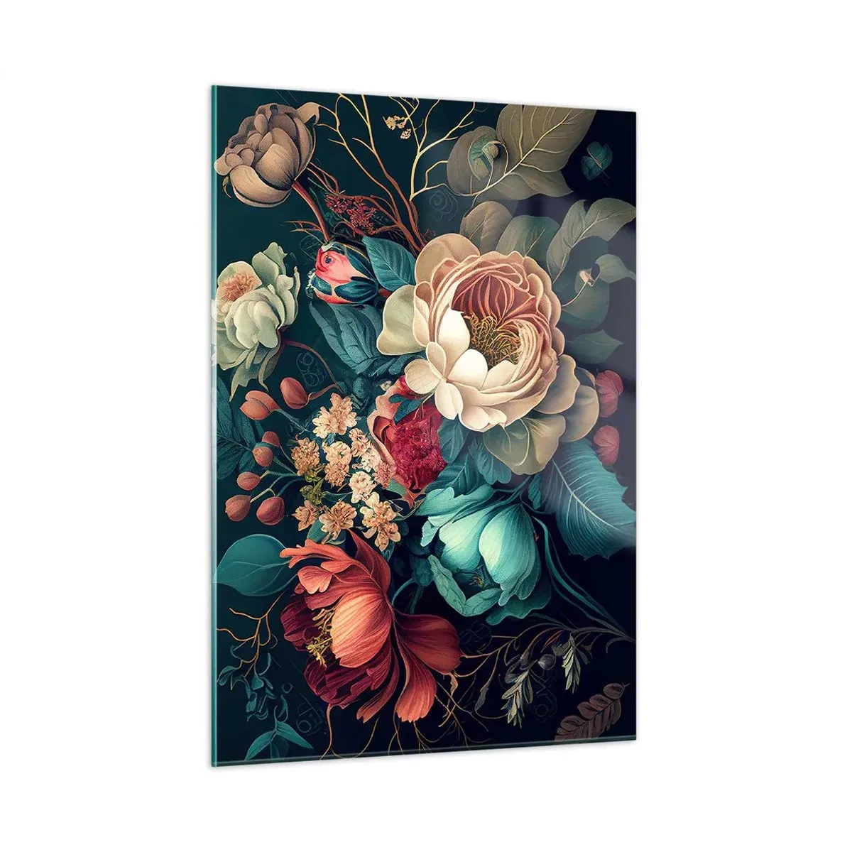 Cuadro sobre vidrio - Impresiones sobre Vidrio - Ramo de flores vintage sobre fondo oscuro - 50x70cm - Encanto del siglo XIX - Decoración de pared moderna para salón y dormitorio ARTTOR