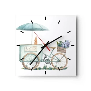 Reloj de pared - Reloj de vidrio - Una bicicleta con helado y flores bajo una sombrilla en delicados colores pastel. - 30x30cm - Dulce recuerdo del verano - Decoración de pared moderna para salón y dormitorio ARTTOR