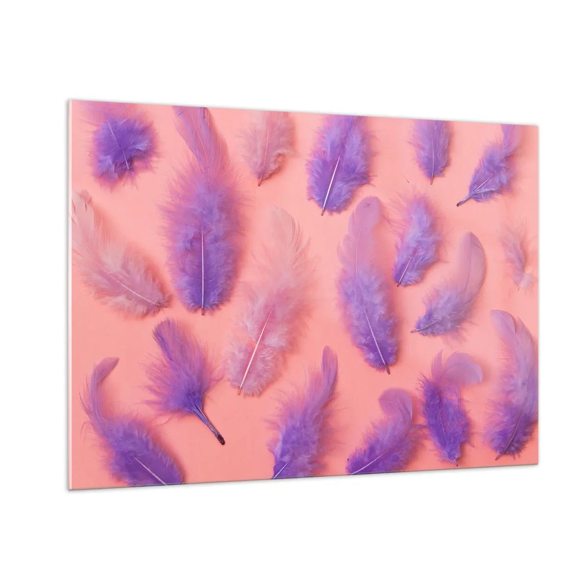 Cuadro sobre vidrio - Impresiones sobre Vidrio - Plumas moradas sobre un fondo rosa en una delicada composición. - 100x70cm - Un pájaro lila del deseo - Decoración de pared moderna para salón y dormitorio ARTTOR