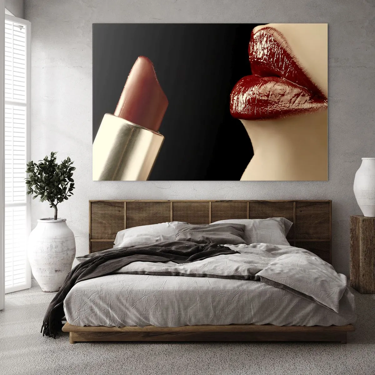Cuadro sobre vidrio - Impresiones sobre Vidrio - Labios sensuales con lápiz labial carmesí sobre un fondo oscuro. - 120x80cm - Sensualidad y brillo del carmín - Decoración de pared moderna para salón y dormitorio ARTTOR