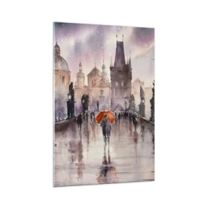 Cuadro sobre vidrio - Impresiones sobre Vidrio - Vista romántica de un puente con un paraguas con el telón de fondo de una ciudad al atardecer. - 70x100cm - La gente no cambia - Decoración de pared moderna para salón y dormitorio ARTTOR